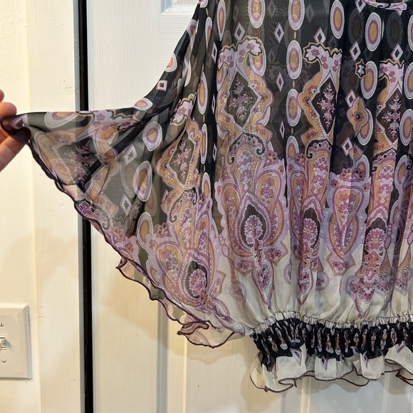 Women's Sheer Silk Blouse Cape Sleeve Medallion Paisley Print Sz M (DESIGNER???) - Picture 4 of 8